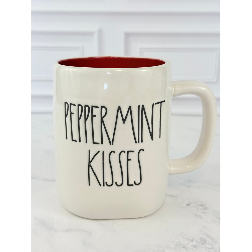 Rae Dunn "Peppermint Kisses" Large Letters Red White 4 3/4" Mug